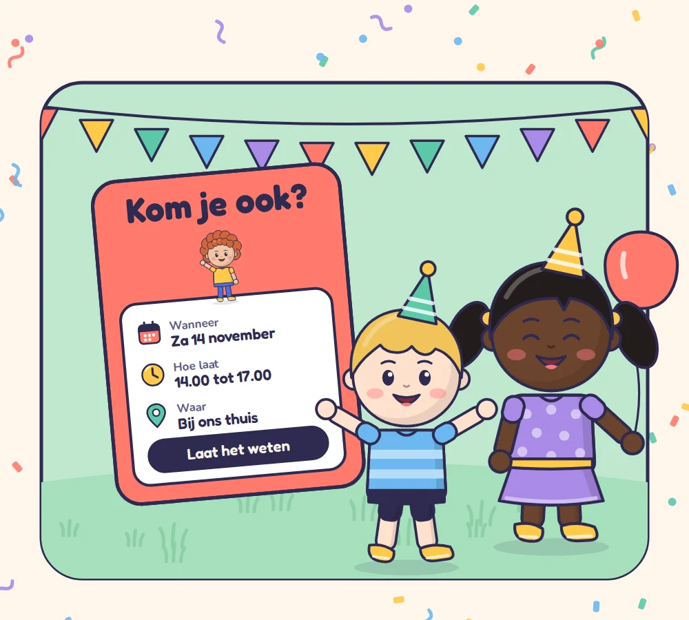 Twee getekende kinderen met feesthoedjes naast een uitnodiging met de tekst Kom je ook?