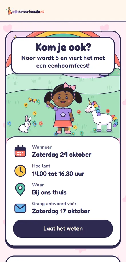 Uitnodiging kinderfeestje in het thema eenhoorn