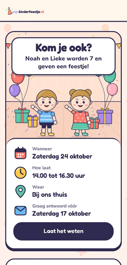 Uitnodiging kinderfeestje zonder thema, voor een tweeling