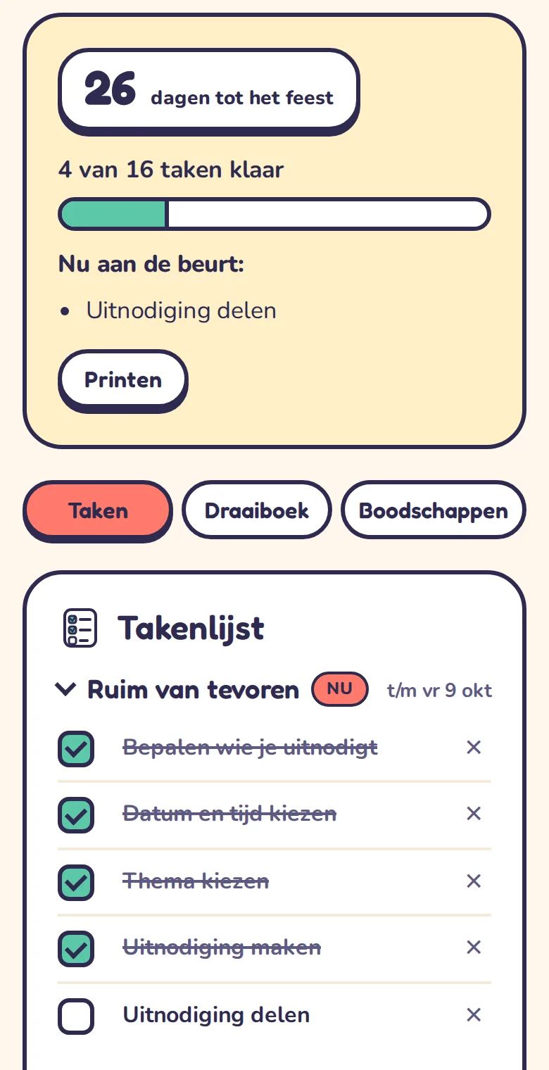 De planner met het aantal dagen tot het feest, de taken die klaar zijn en de takenlijst van ruim van tevoren