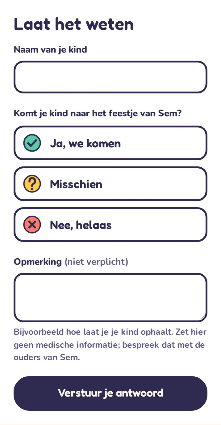 Het formulier op de uitnodiging: naam van je kind, ja, misschien of nee, en een opmerking