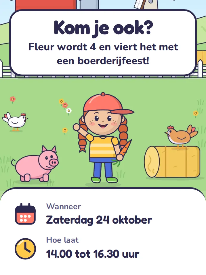 Uitnodiging in het thema boerderij: Kom je ook? Fleur wordt 4 en viert het met een boerderijfeest!