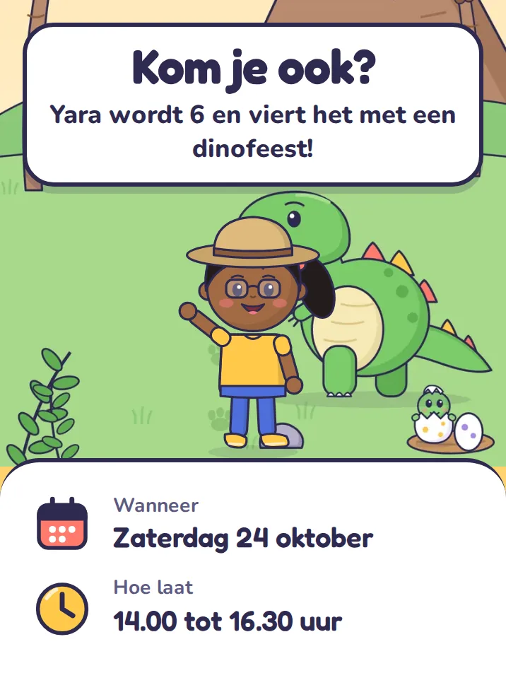 Uitnodiging in het thema dino: Kom je ook? Yara wordt 6 en viert het met een dinofeest!
