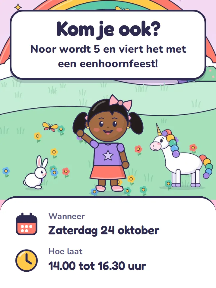 Uitnodiging in het thema eenhoorn: Kom je ook? Noor wordt 5 en viert het met een eenhoornfeest!