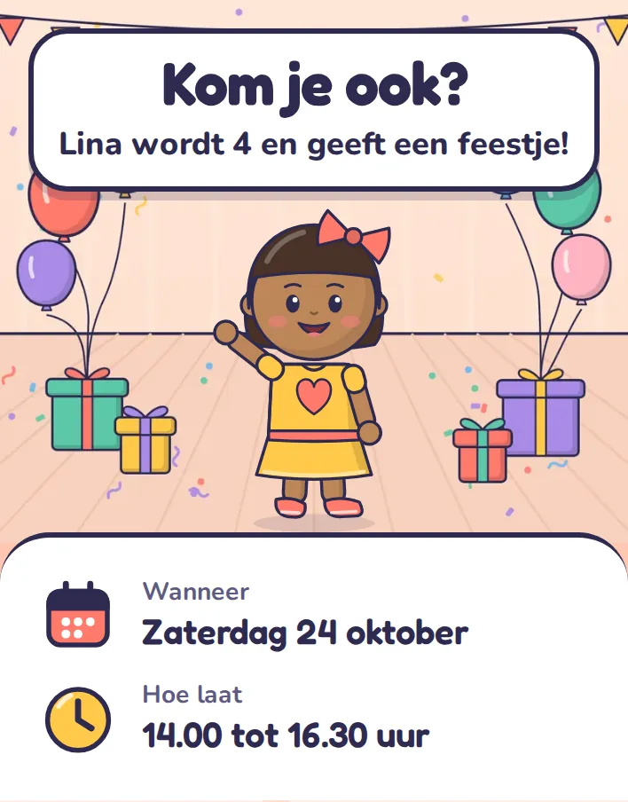Uitnodiging zonder thema, met ballonnen en slingers: Kom je ook? Lina wordt 4 en geeft een feestje!