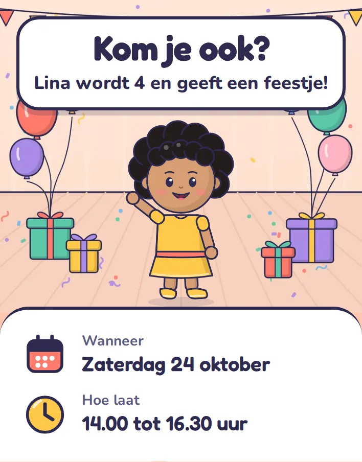 Uitnodiging zonder thema, met ballonnen en slingers: Kom je ook? Lina wordt 4 en geeft een feestje!