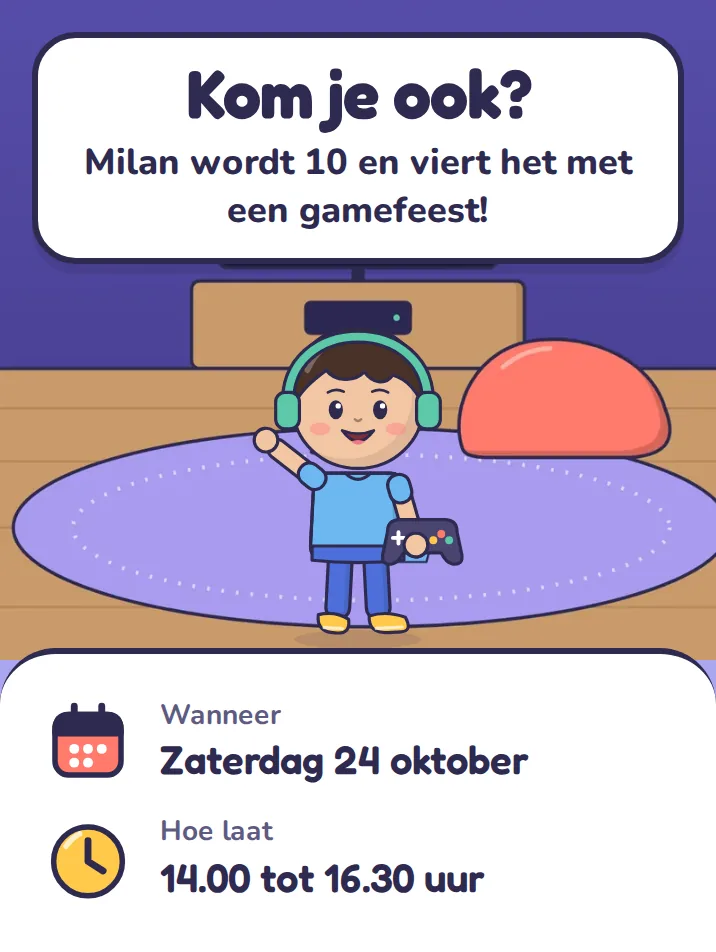 Uitnodiging in het thema gamen: Kom je ook? Milan wordt 10 en viert het met een gamefeest!