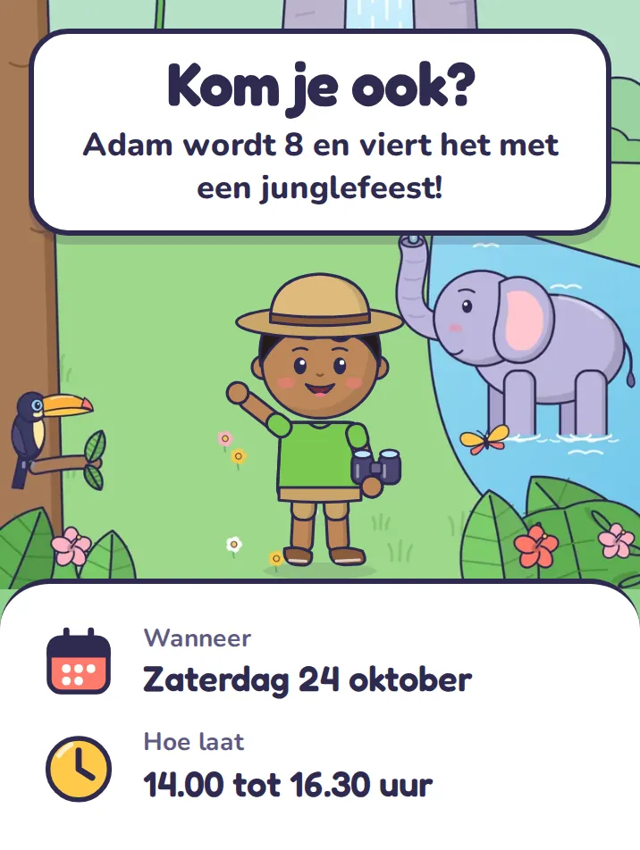 Uitnodiging in het thema jungle: Kom je ook? Adam wordt 8 en viert het met een junglefeest!