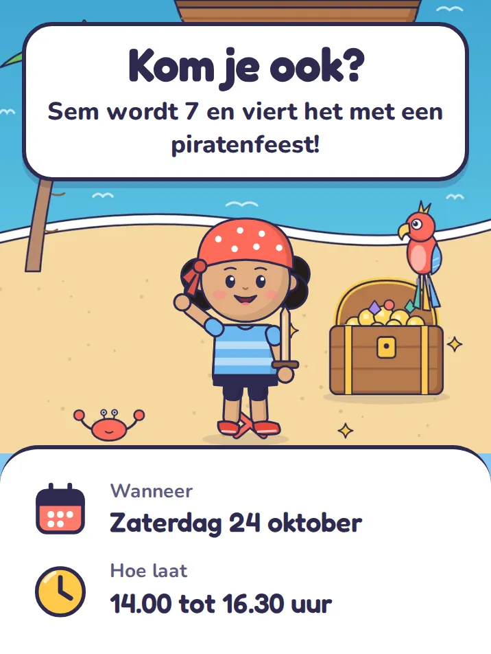 Uitnodiging in het thema piraten: Kom je ook? Sem wordt 7 en viert het met een piratenfeest!