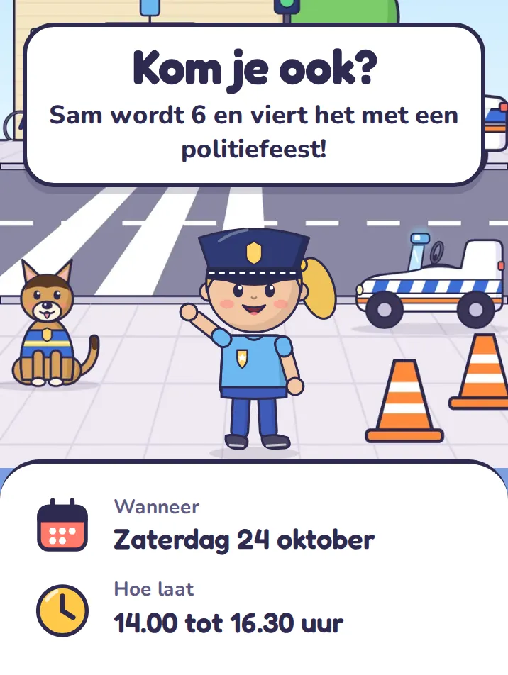 Uitnodiging in het thema politie: Kom je ook? Sam wordt 6 en viert het met een politiefeest!
