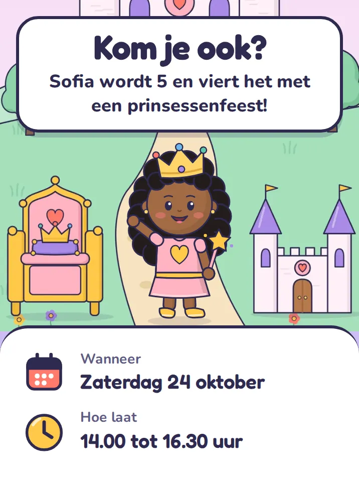 Uitnodiging in het thema prinses: Kom je ook? Sofia wordt 5 en viert het met een prinsessenfeest!