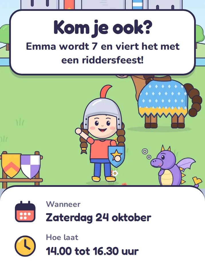 Uitnodiging in het thema ridders: Kom je ook? Emma wordt 7 en viert het met een riddersfeest!