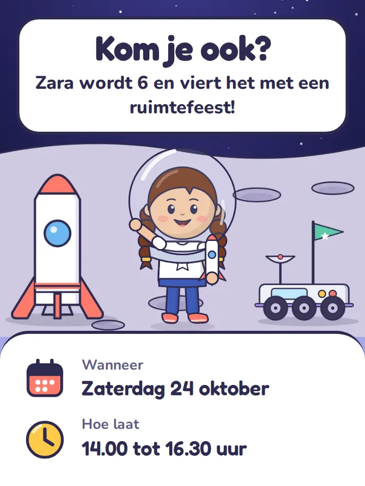 Uitnodiging in het thema ruimte: Kom je ook? Zara wordt 6 en viert het met een ruimtefeest!