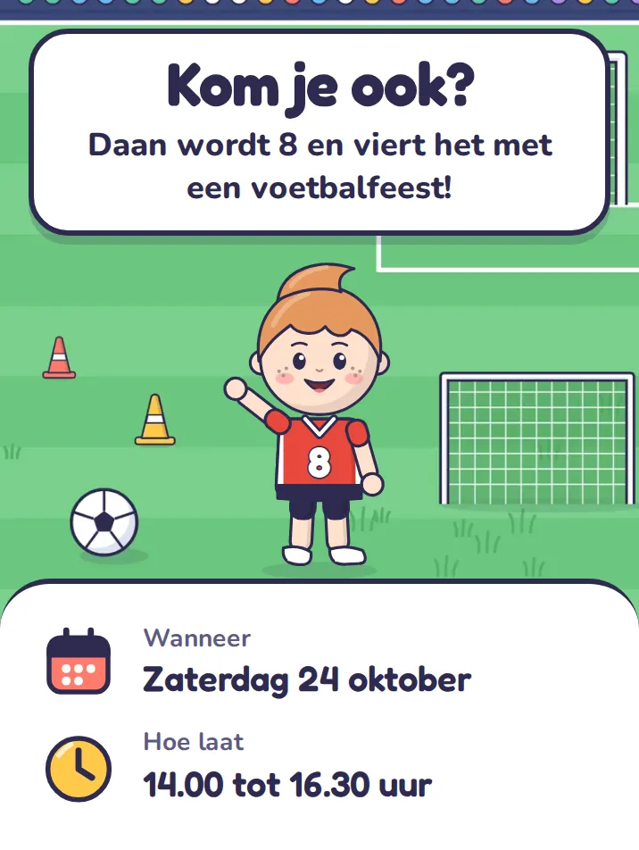 Uitnodiging in het thema voetbal: Kom je ook? Daan wordt 8 en viert het met een voetbalfeest!