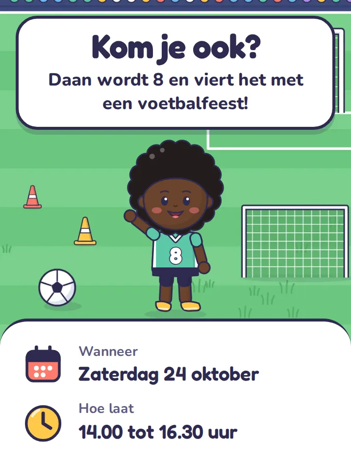 Uitnodiging in het thema voetbal: Kom je ook? Daan wordt 8 en viert het met een voetbalfeest!